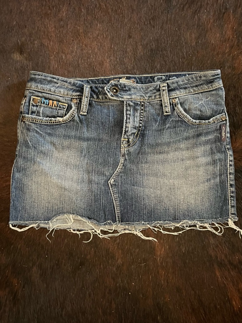 Y2K silver jeans distressed denim mini skirt low rise vintage
